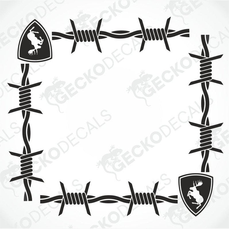 A die cut decal set featuring barbed wire design with moose motifs on the ends, intended for use on side windows of trucks.