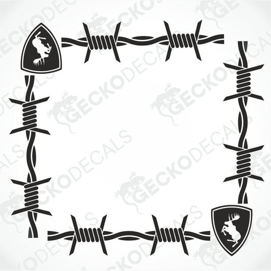 A die cut decal set featuring barbed wire design with moose motifs on the ends, intended for use on side windows of trucks.