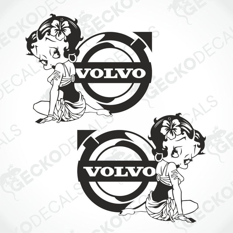 A pair of black and white die cut stickers featuring an animated character and the Volvo logo, intended for use as vehicle decals.