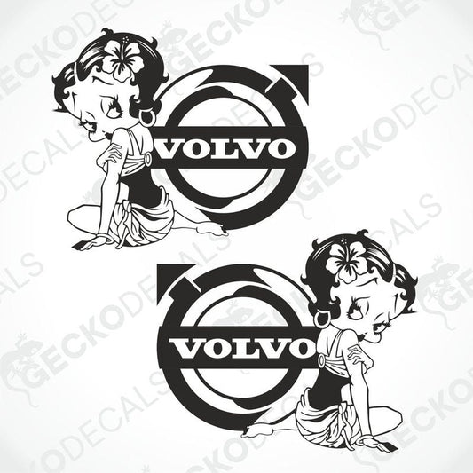 A pair of black and white die cut stickers featuring an animated character and the Volvo logo, intended for use as vehicle decals.