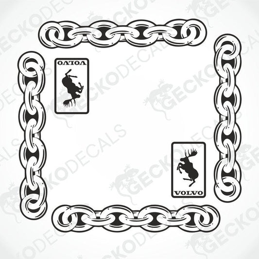 A set of die cut black and white chain side window decals for a Volvo truck, including two decals with the Volvo brand logo and a moose image.