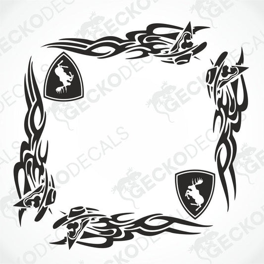 A set of two black tribal patterned decals for vehicle side windows, with one decal depicting a horse-like figure within a shield.