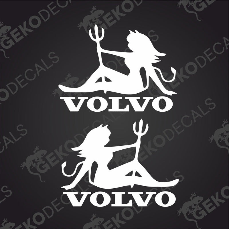 Two white decals of a stylized female figure with a goat-like animal on her, and the brand name 'VOLVO' above.