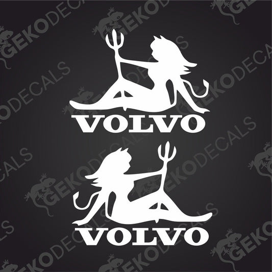 Two white decals of a stylized female figure with a goat-like animal on her, and the brand name 'VOLVO' above.