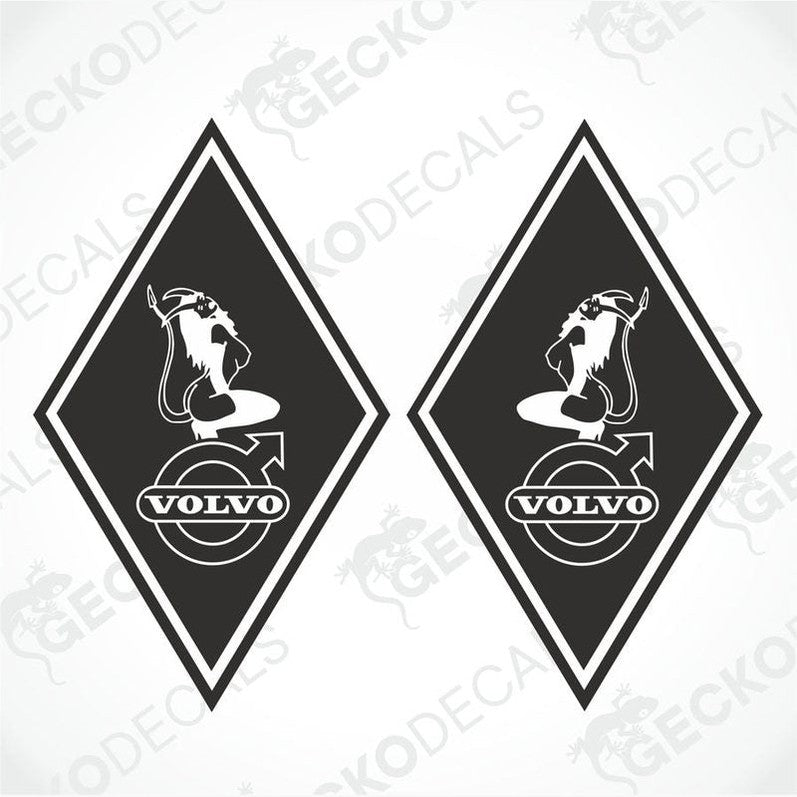 Two black and white vehicle decals featuring a stylized devil and the Volvo brand logo, intended for use on the exterior of a truck.