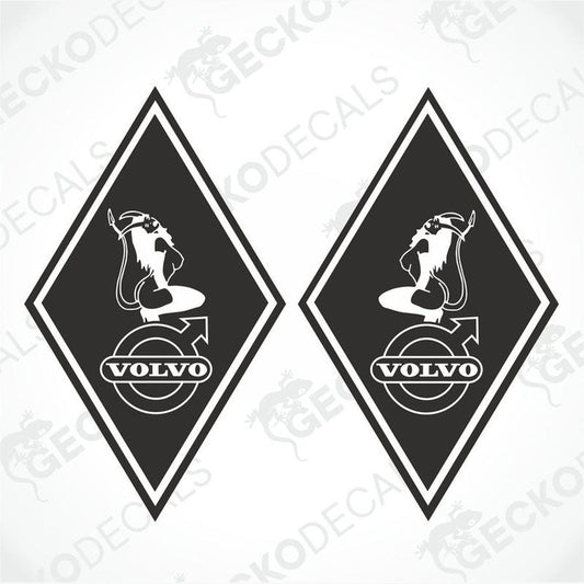 Two black and white vehicle decals featuring a stylized devil and the Volvo brand logo, intended for use on the exterior of a truck.