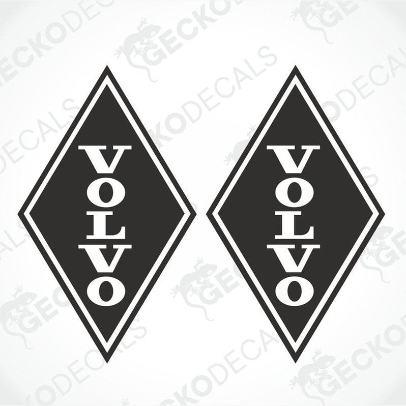 Two black and white diamond-shaped Volvo stickers on a white background.