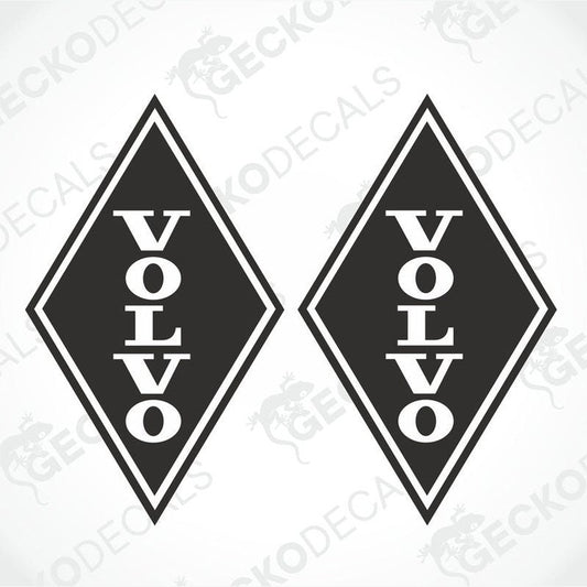 Two black and white diamond-shaped Volvo stickers on a white background.