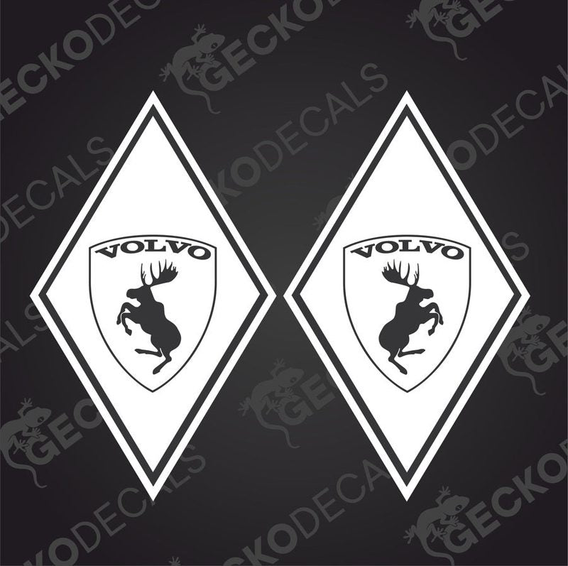 Two white diamond-shaped decals with the Volvo brand and a moose silhouette on them, designed for use on vehicles.