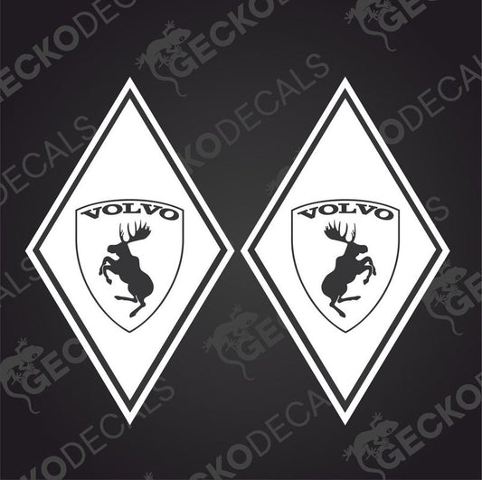 Two white diamond-shaped decals with the Volvo brand and a moose silhouette on them, designed for use on vehicles.
