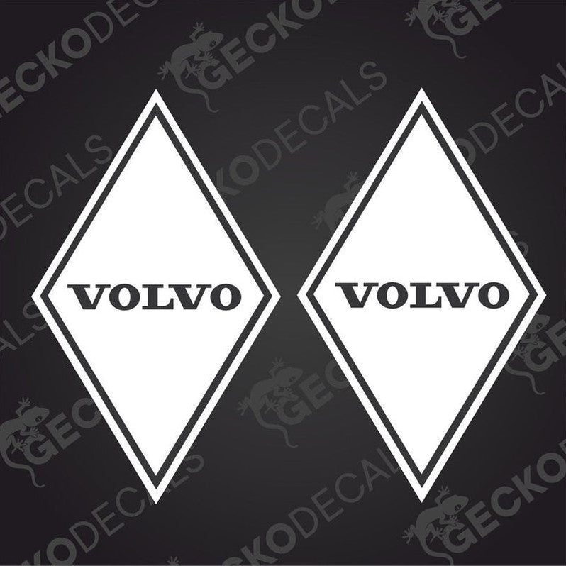 Two white diamond-shaped decals with the Volvo brand logo in black text, intended for use on vehicles.
