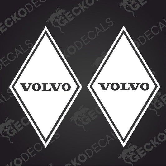 Two white diamond-shaped decals with the Volvo brand logo in black text, intended for use on vehicles.