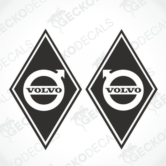 Two black and white diamond-shaped Volvo stickers designed for use on vehicles.