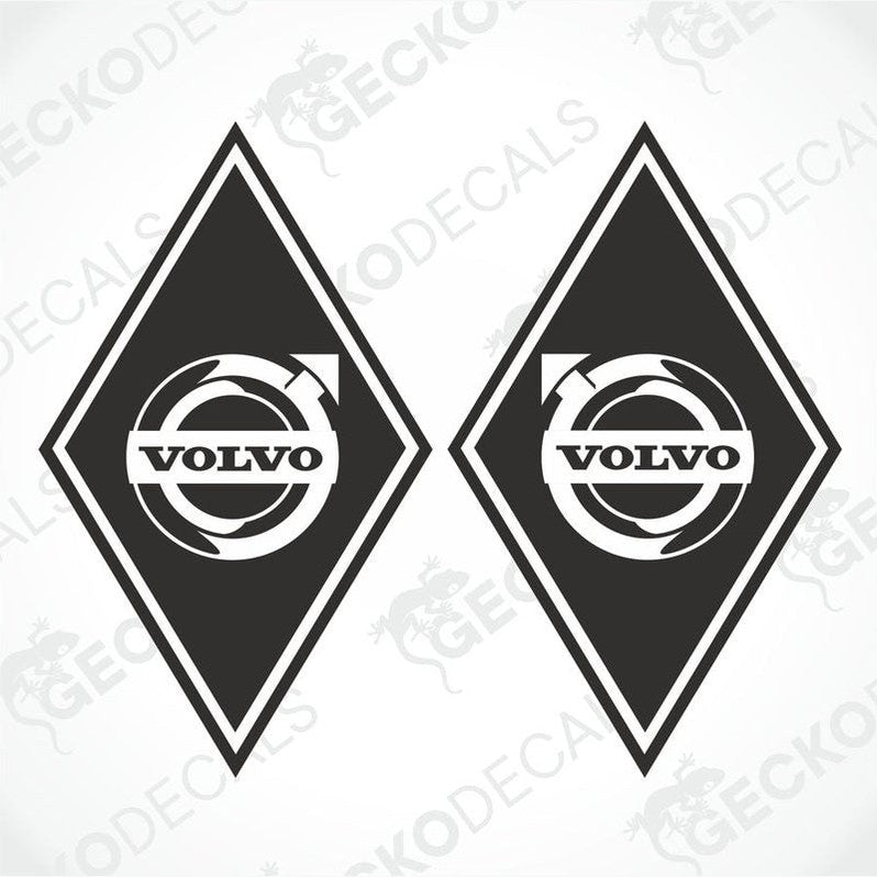 Two black and white diamond-shaped Volvo stickers designed for use on trucks, one with the brand logo on the right side and the other with the logo on the left side.
