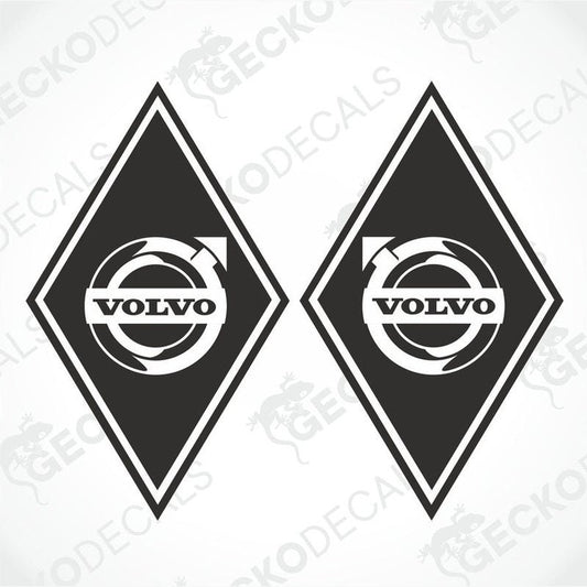Two black and white diamond-shaped Volvo stickers designed for use on trucks, one with the brand logo on the right side and the other with the logo on the left side.