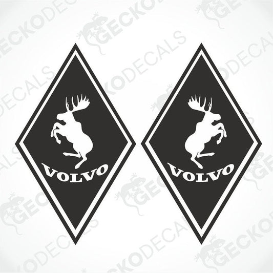 Two black die cut stickers with a volvo logo and a moose in the center, positioned on a white background.