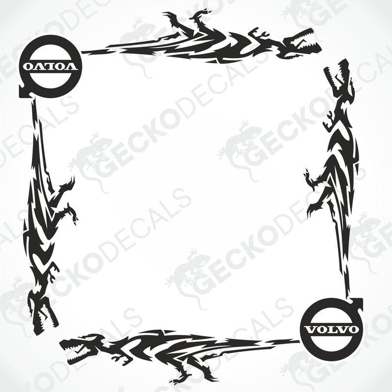 A set of black dinosaur-themed window decals for vehicles, with 'Volvo' branding visible.