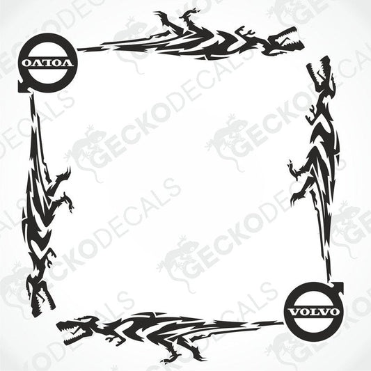 A set of black dinosaur-themed window decals for vehicles, with 'Volvo' branding visible.