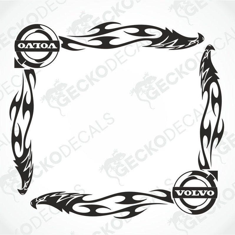 A set of two black tribal patterned side window decals for a Volvo vehicle, featuring eagle motifs and the Volvo brand logo.