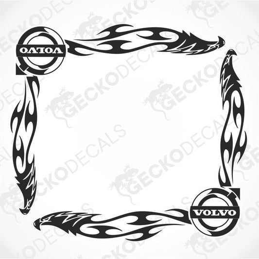 A set of two black tribal patterned side window decals for a Volvo vehicle, featuring eagle motifs and the Volvo brand logo.
