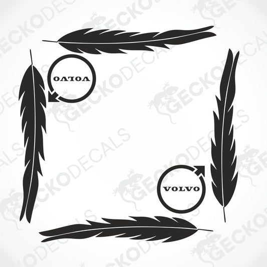 A set of black feather-shaped decals with the Volvo brand logo on them, intended for use as vehicle side window decorations.