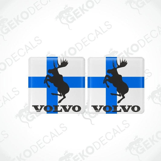 Two square-shaped vinyl decals with a polyurethane coating, featuring the Volvo brand and a silhouette of a moose on a blue and white background.
