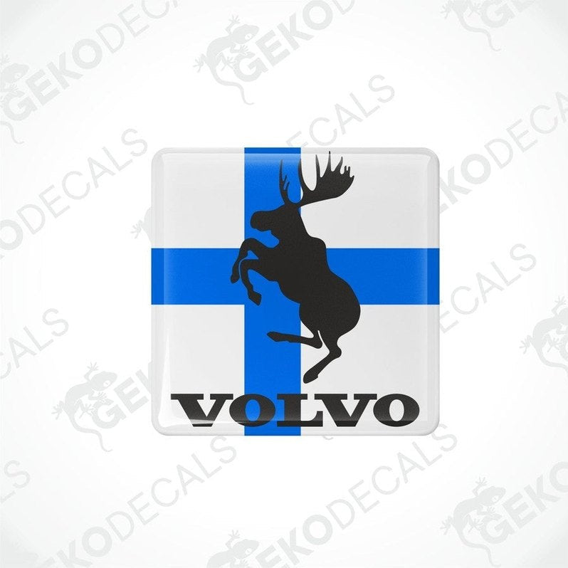 Two square-shaped vinyl decals with a polyurethane coating, featuring the Volvo brand and a silhouette of a moose on a blue and white background.