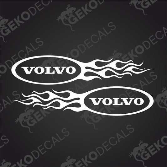 Two white flame-shaped stickers with the 'Volvo' brand name in the center, one for each side, on a black background.