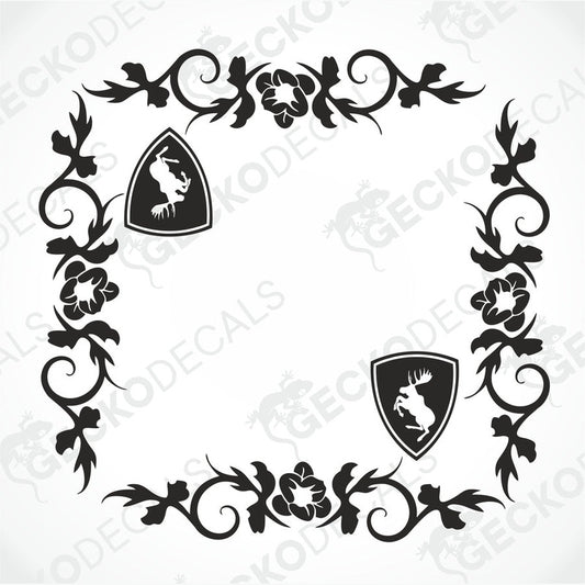 A pair of floral design die cut decals for Volvo vehicles, one with a right side orientation and one with a left side orientation, delivered on transfer paper.