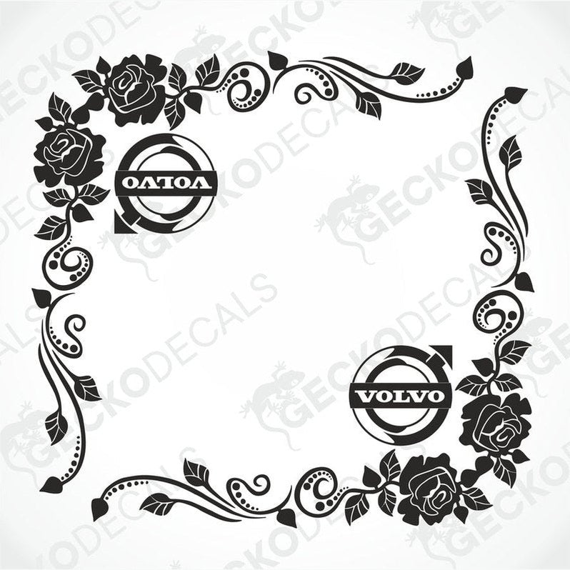 A pair of black floral side window decals with the Volvo brand logo, designed for use on vehicles.