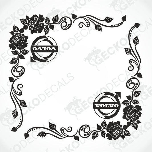 A pair of black floral side window decals with the Volvo brand logo, designed for use on vehicles.