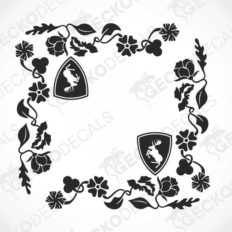 A black and white image of a die-cut vehicle decal with a floral pattern and animal motifs.