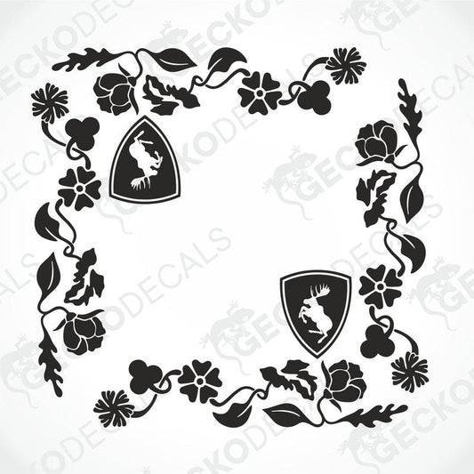 A black and white image of a die-cut vehicle decal with a floral pattern and animal motifs.