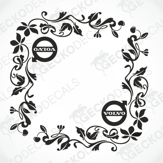 A floral design die cut decal for a Volvo vehicle, featuring the brand's logo within the pattern.