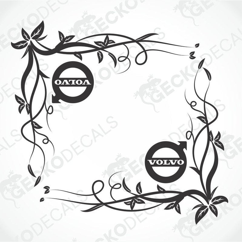 A pair of black floral side window decals with the Volvo logo in the center, designed for use on vehicles.