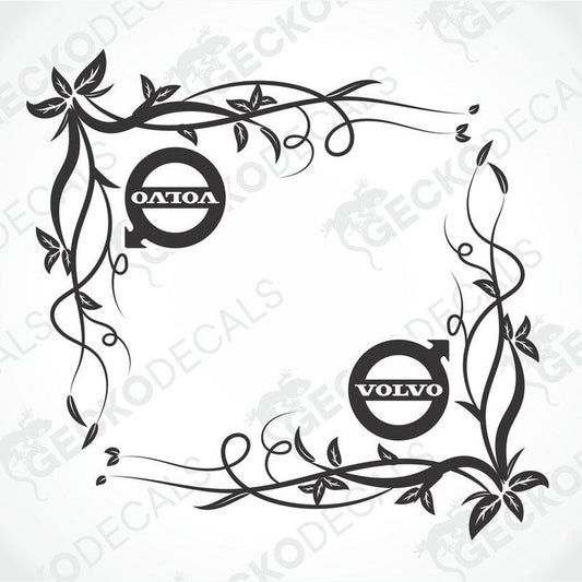 A pair of black floral side window decals with the Volvo logo in the center, designed for use on vehicles.