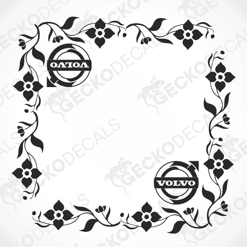 A pair of floral design side window decals for a Volvo vehicle, featuring the Volvo logo within the floral frame.