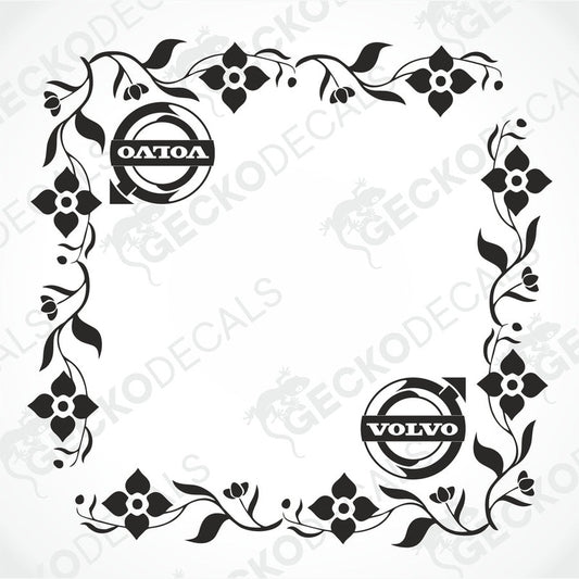 A pair of floral design side window decals for a Volvo vehicle, featuring the Volvo logo within the floral frame.
