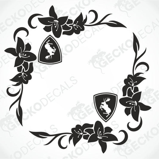 A black and white image of a die-cut vehicle decal featuring floral patterns and animal motifs.