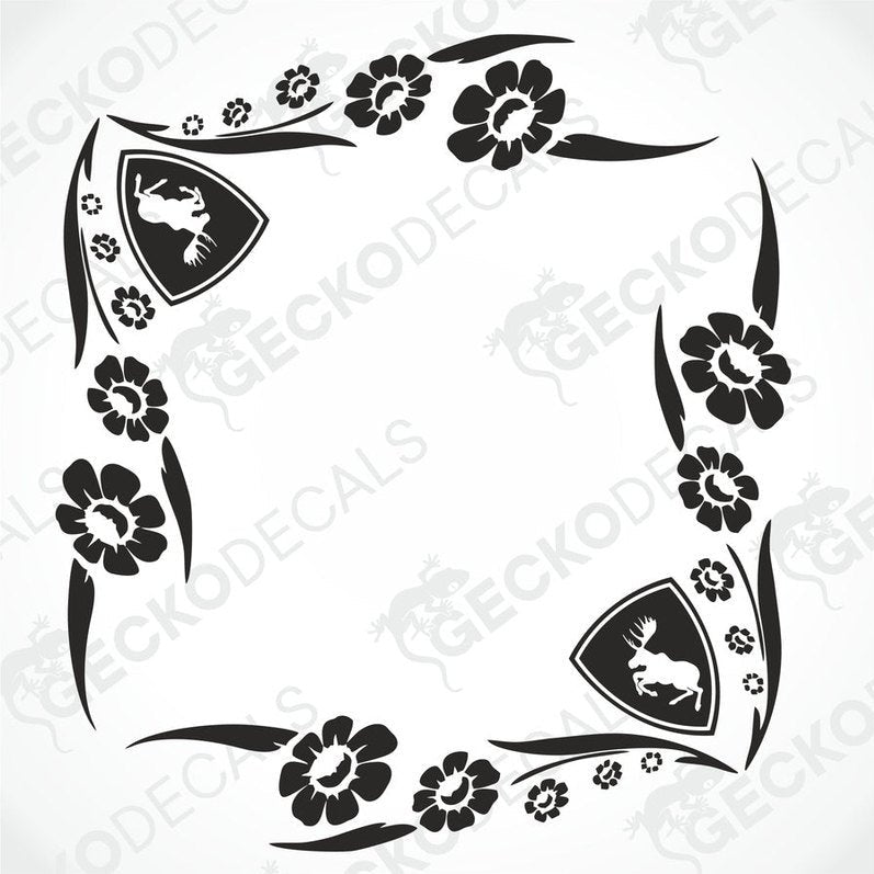A black and white image of a die-cut vehicle decal with a floral pattern and the Volvo brand logo.