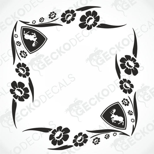 A black and white image of a die-cut vehicle decal with a floral pattern and the Volvo brand logo.