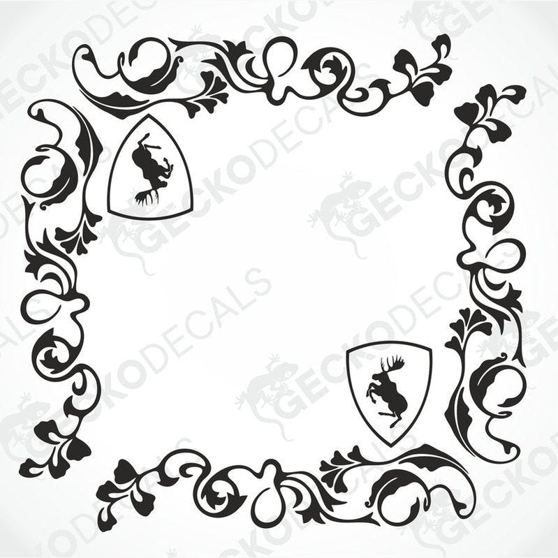 A die cut sticker with a floral design and moose motif, intended for use as a decal on vehicle side windows.