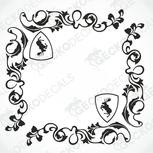 A die cut sticker with a floral design and moose motif, intended for use as a decal on vehicle side windows.