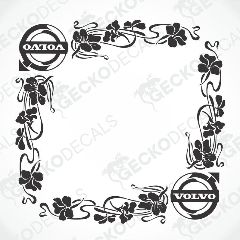A set of black floral side window decals for a Volvo vehicle, with the Volvo brand logo and the word 'GeckoDecals'.