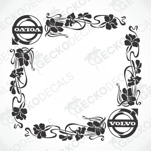 A set of black floral side window decals for a Volvo vehicle, with the Volvo brand logo and the word 'GeckoDecals'.