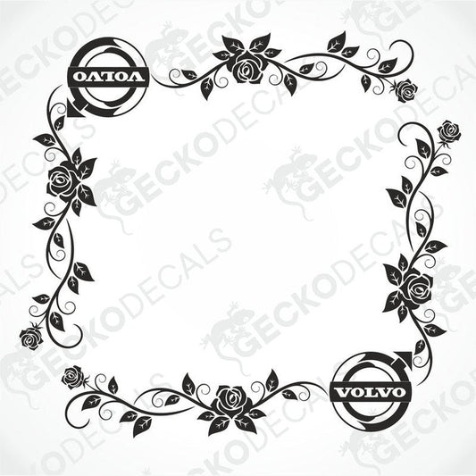 A die cut decal with floral design, including roses, intended for use on side windows of a Volvo truck, showing the word 'VOLVO' within the design.