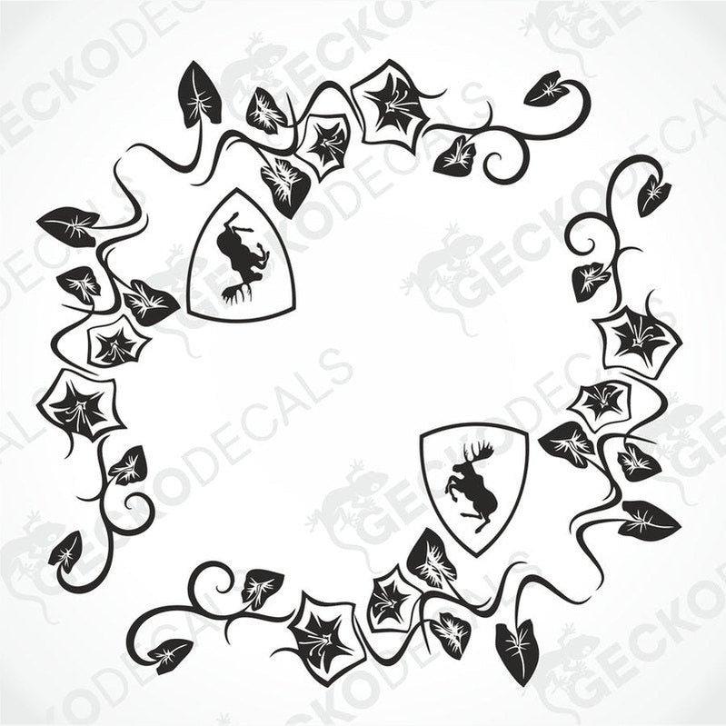 A set of two black floral-themed side window decals for a Volvo vehicle, featuring moose motifs within shield designs, surrounded by leaf patterns.