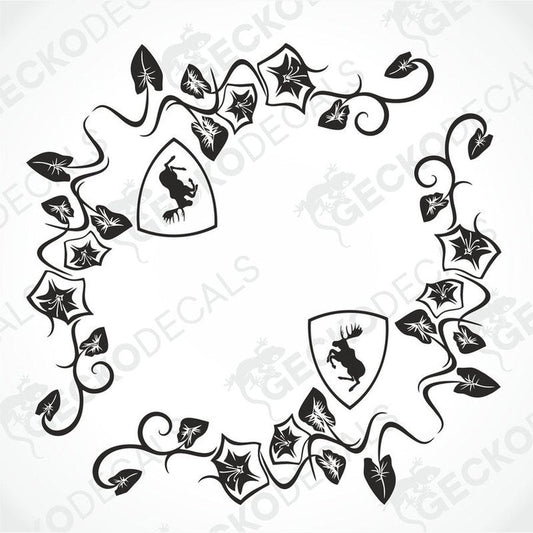 A set of two black floral-themed side window decals for a Volvo vehicle, featuring moose motifs within shield designs, surrounded by leaf patterns.