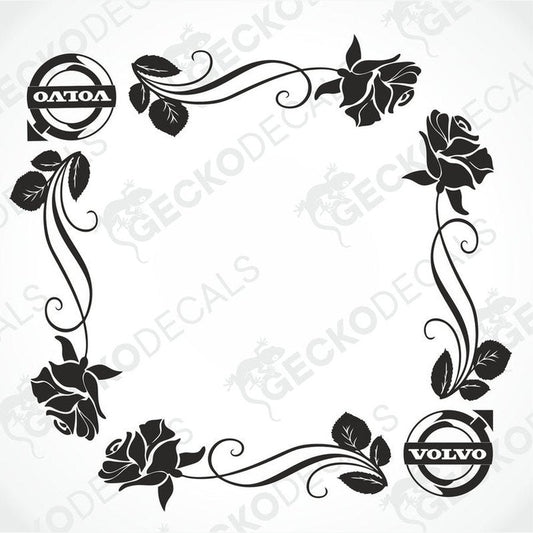 A set of two floral design die cut decals for Volvo vehicles, featuring roses and leaves, intended for use on the side windows.