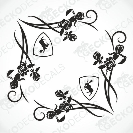 A set of two black floral side window decals for a Volvo vehicle, featuring rose designs and decorative foliage.